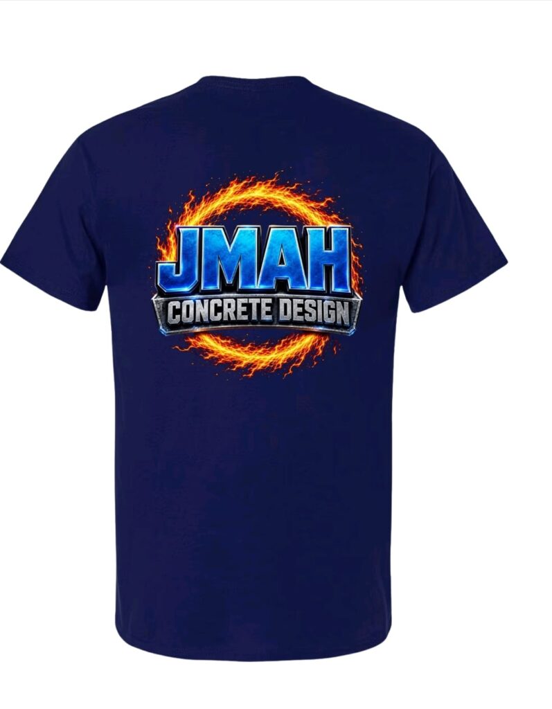 Custom navy T-shirt with JMAH Concrete Design back print
