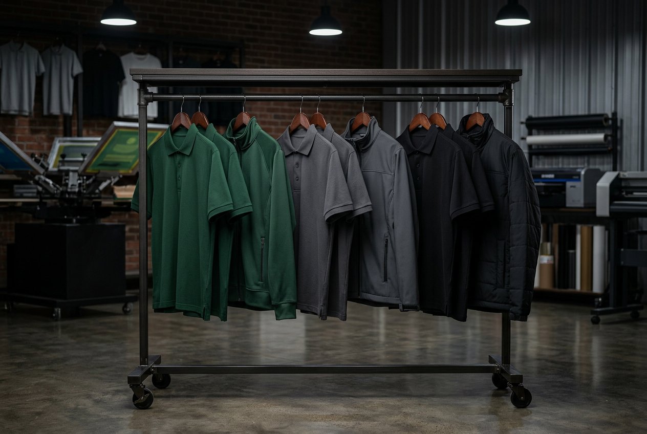 Bulk business uniforms on garment rack